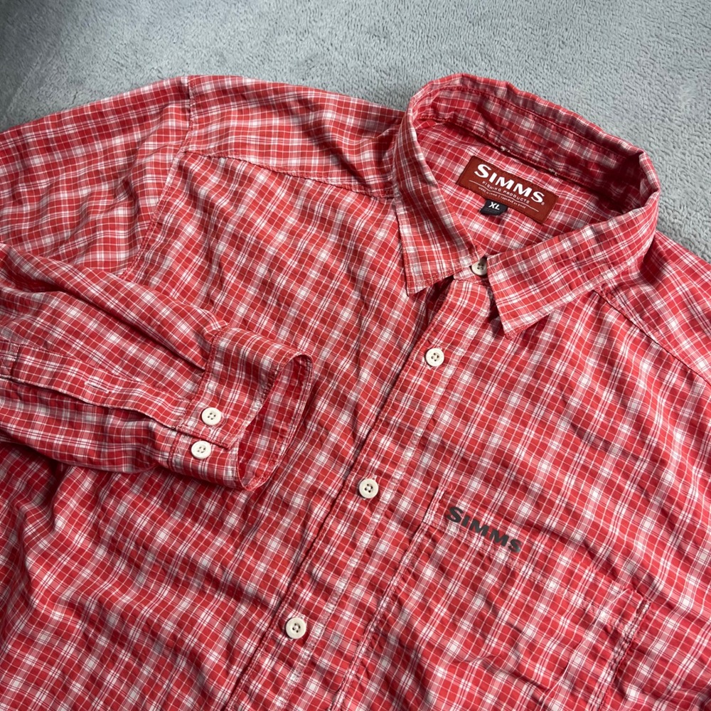 Simms Fishing Products Mens XL Red White Plaid Long Sleeve Button Down Shirt